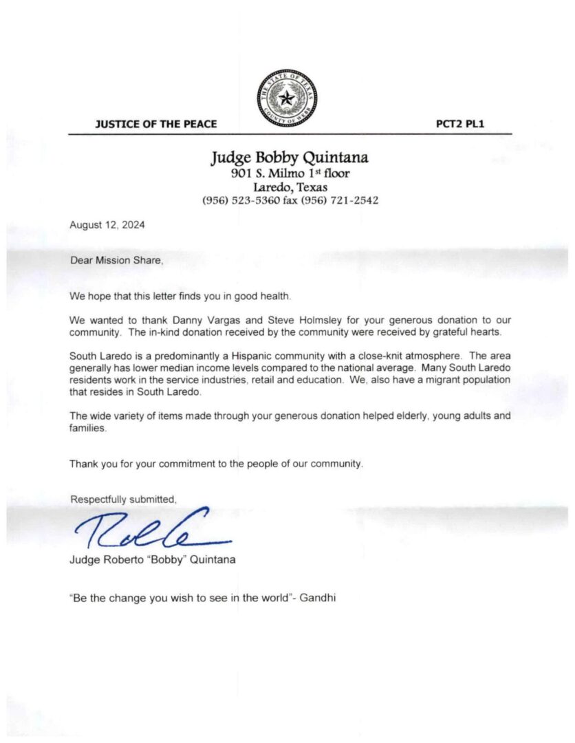 MIssionShare Letter from Judge Quintana