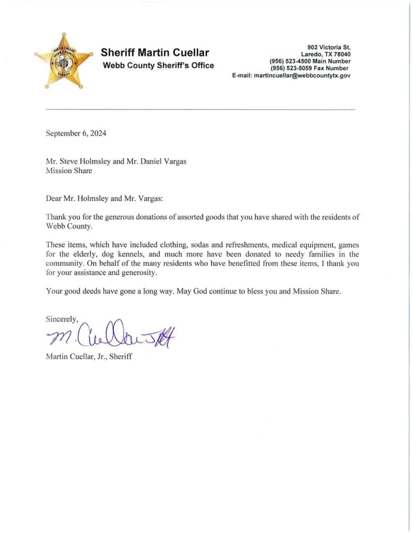 Support Letter - Mr. Steve Holmsley and Mr. Daniel Vargas MissionShare -9.10.24.pdf